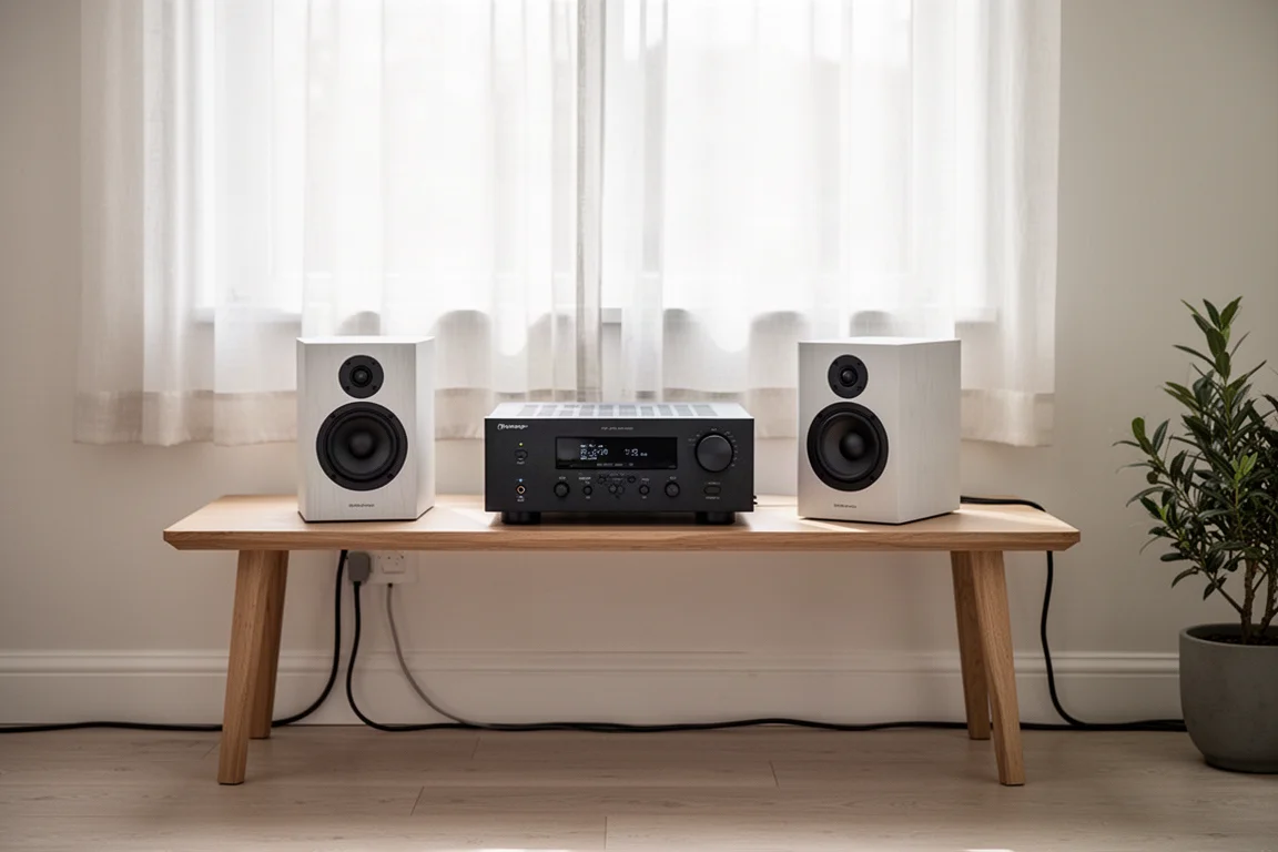Amplificador compacto y pequeños altavoces de estantería sobre un mueble de madera en una habitación luminosa