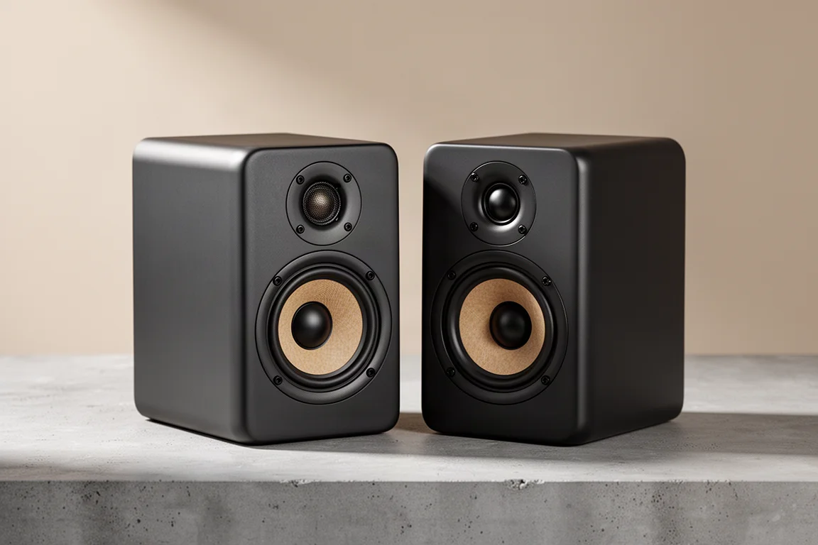 Pair of compact matte black bookshelf speakers on a concrete surface with the grille removed