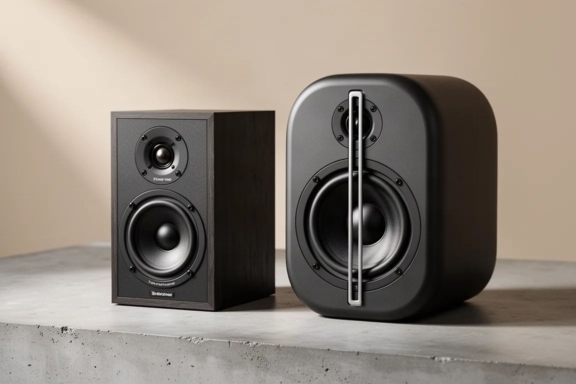 Two passive bookshelf speakers side by side on a concrete surface in studio light