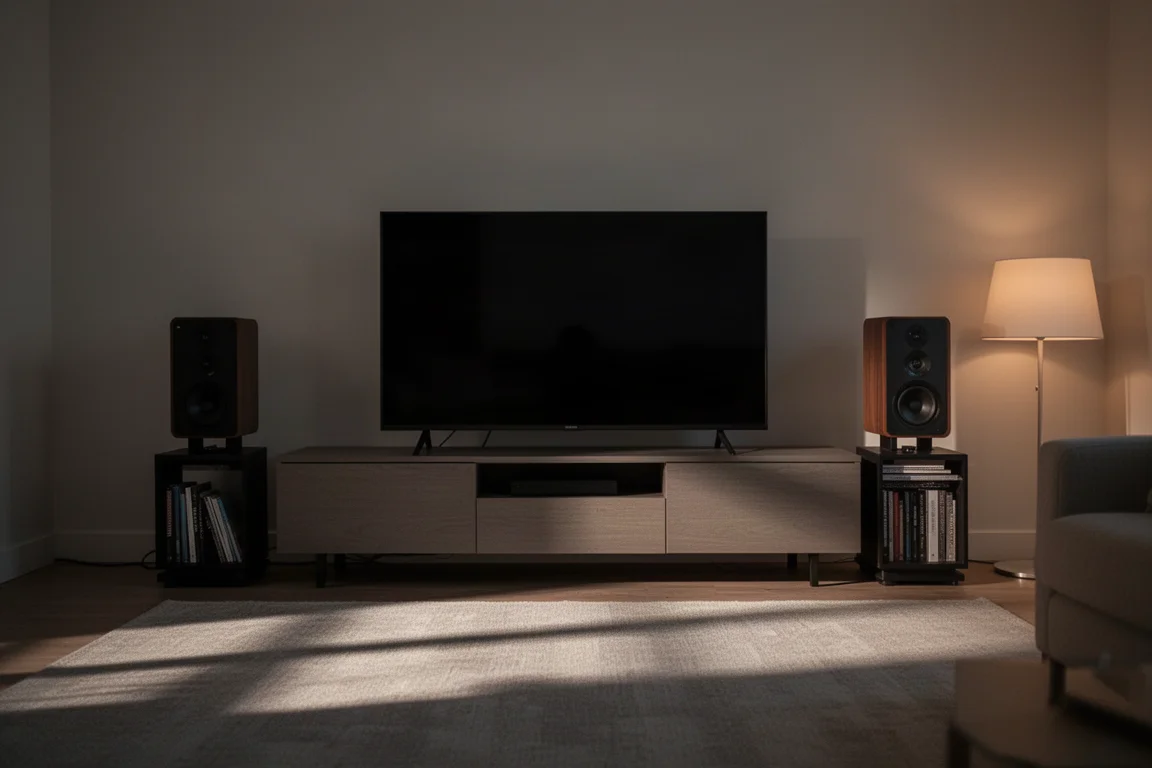 Zwei Lautsprecher flankieren einen Fernseher in einem dunklen Wohnzimmer bei Nacht