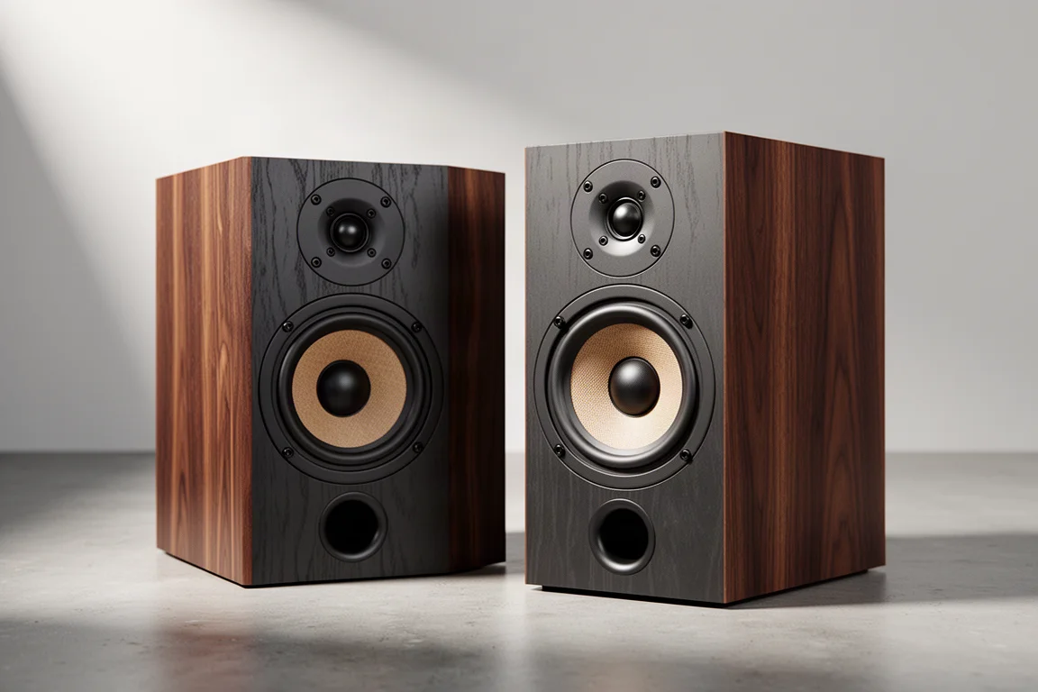 Pair of compact two-way bookshelf speakers with dark woodgrain cabinets on a concrete surface
