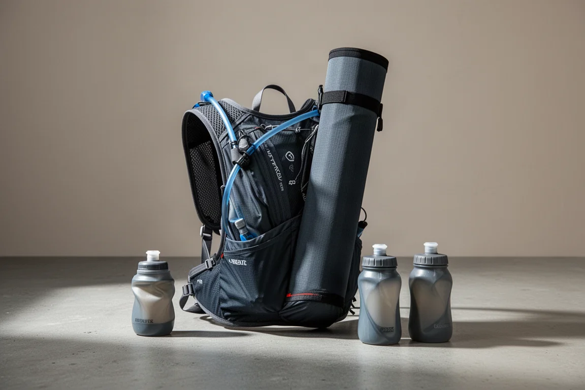 CamelBak Apex Pro Run Vest with rear quiver and two soft flasks on concrete
