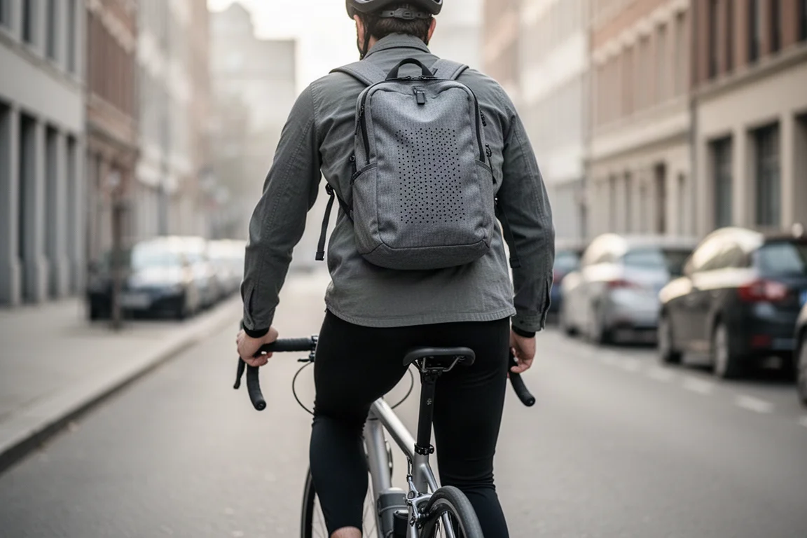 Ciclista con zaino che pedala lungo una strada cittadina nella luce del primo mattino