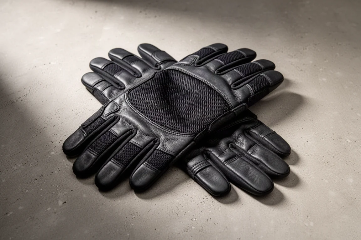 Pair of black tactical gloves on concrete showing mesh back panel and leather palm