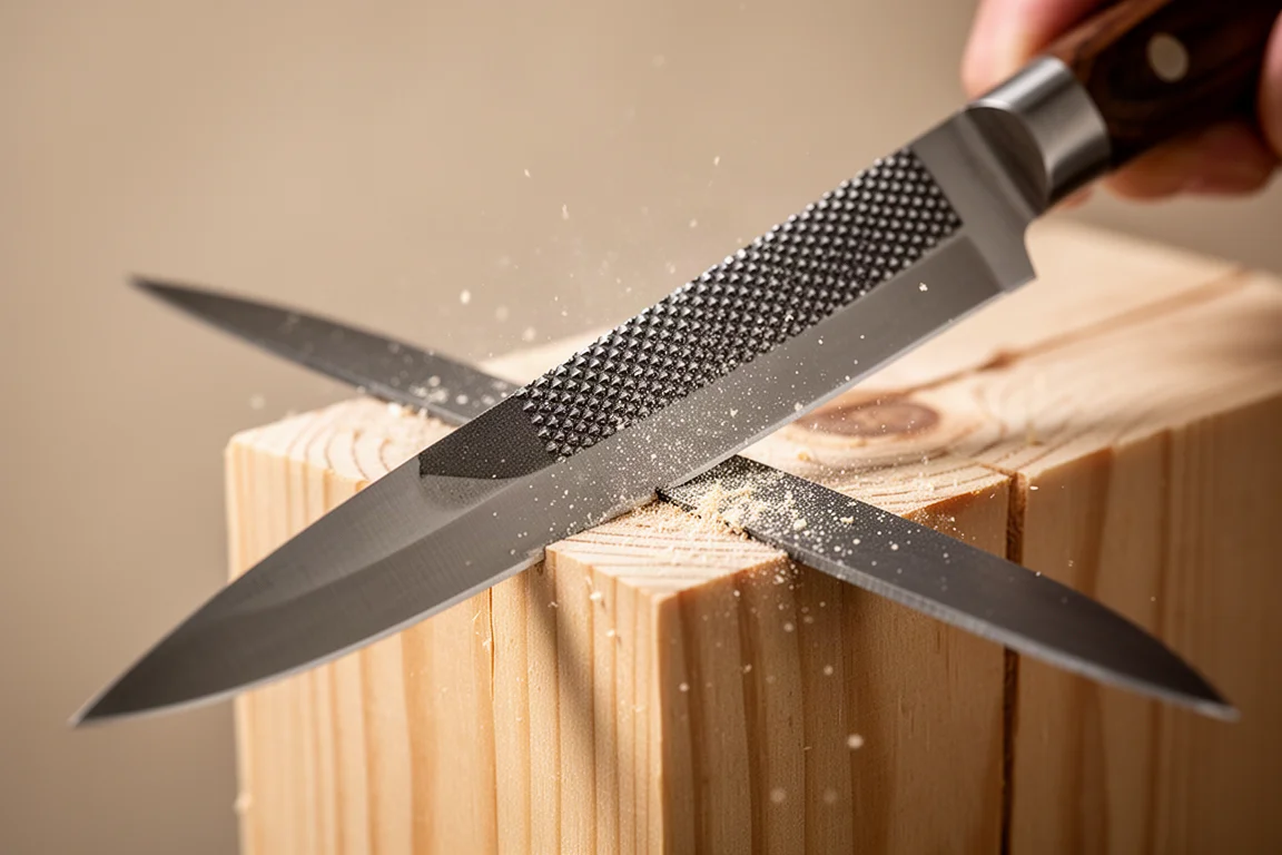 Knivryggens rasp skär in i en bit furu och producerar sågspån