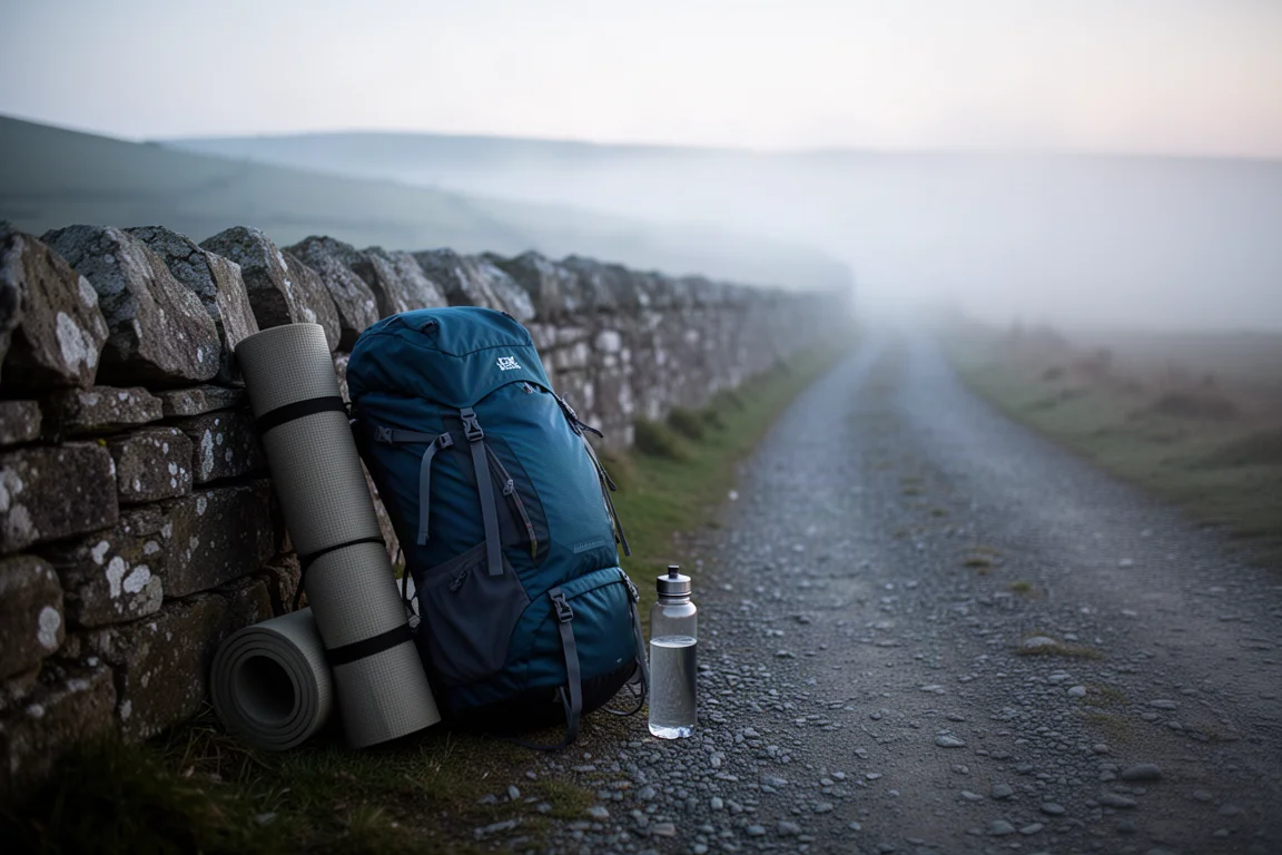 Long-distance walking backpack resting against a stone wall at dawn on a gravel track