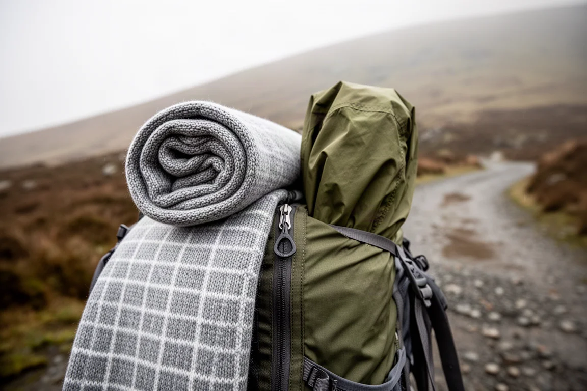 Grey grid fleece mid layer and rolled waterproof shell tucked into the top of a hiking pack