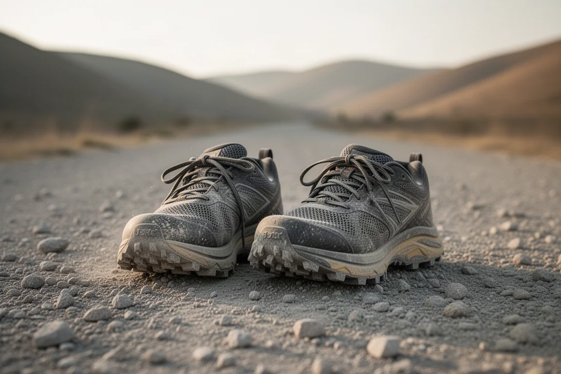 Well-worn trail running shoes side by side on a wide gravel track in afternoon light