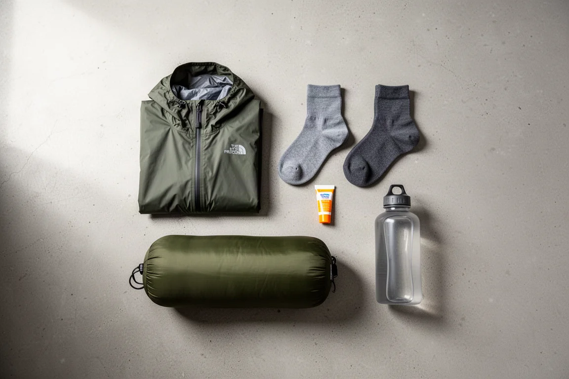 Overhead flat-lay of rain shell, socks, sunscreen, sleeping bag and water bottle on concrete