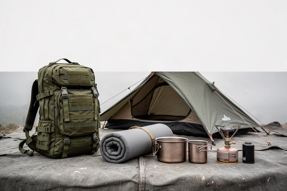 Camping gear arranged on canvas: backpack, tent, sleeping pad, stove and titanium pots
