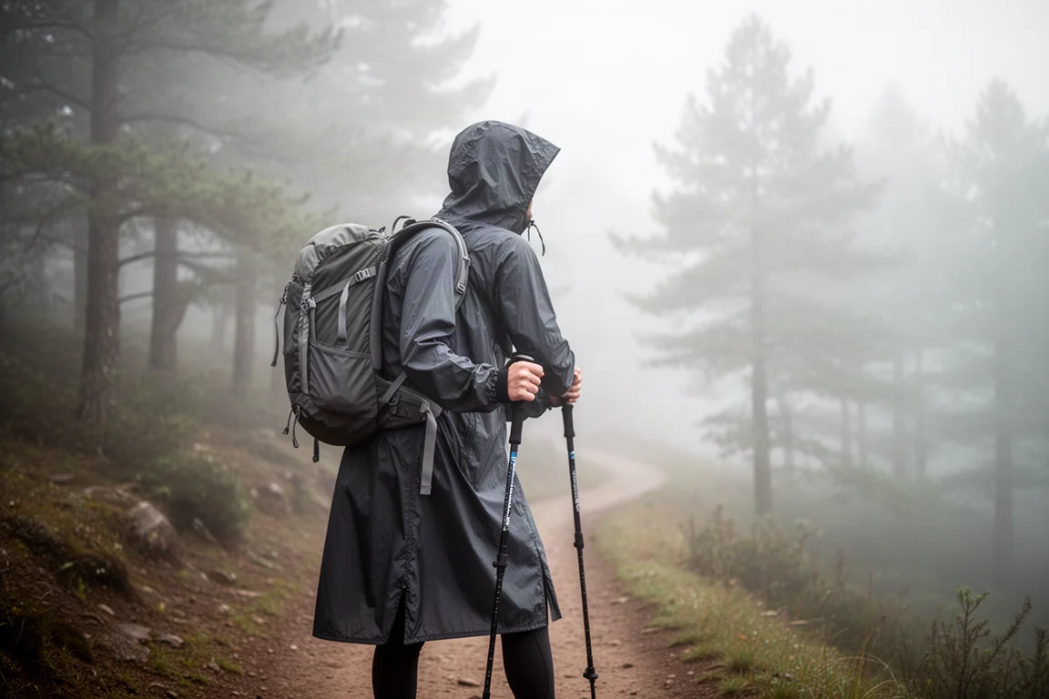 Randonneur sur un sentier brumeux portant une longue capuche de pluie ultralégère