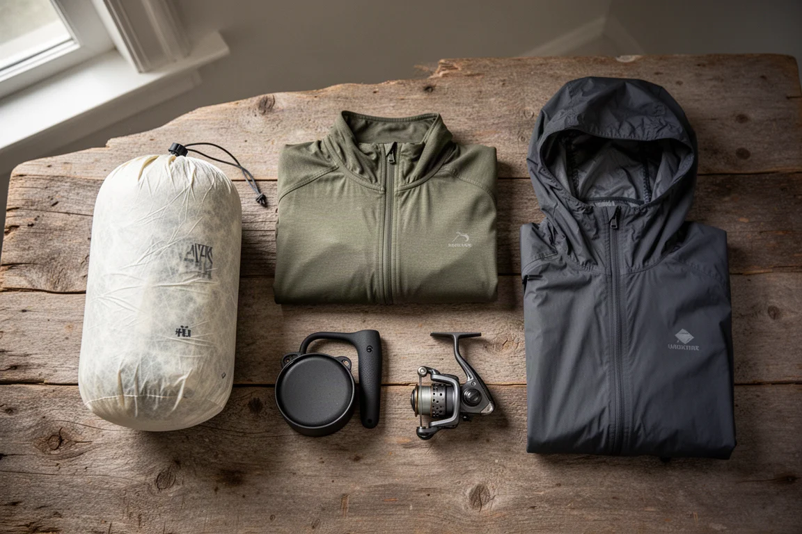 Flat-lay of ultralight camping gear including Tyvek sack, wind jacket, pot handle, reel, and rain hoodie