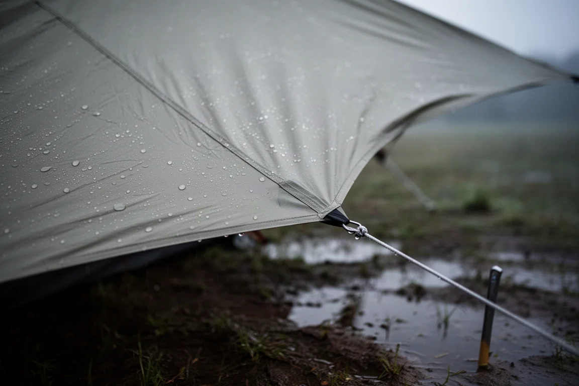 Primo piano di gocce d'acqua su un telo esterno leggero e teso all'alba