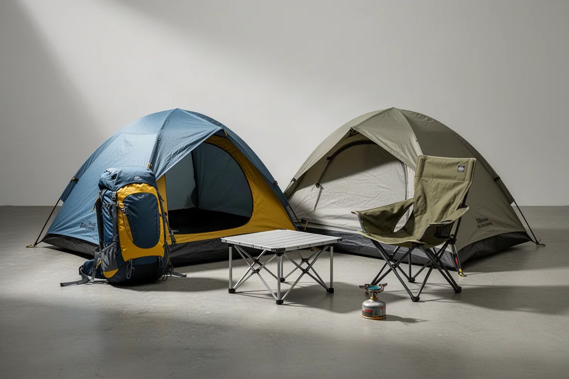 Two backpacking tents, a camp table, a camp chair, and a butane stove arranged on concrete