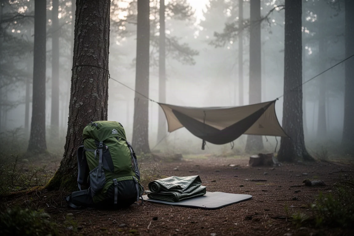 Acampamento na floresta com neblina ao amanhecer, mochila arrumada e lona dobrada