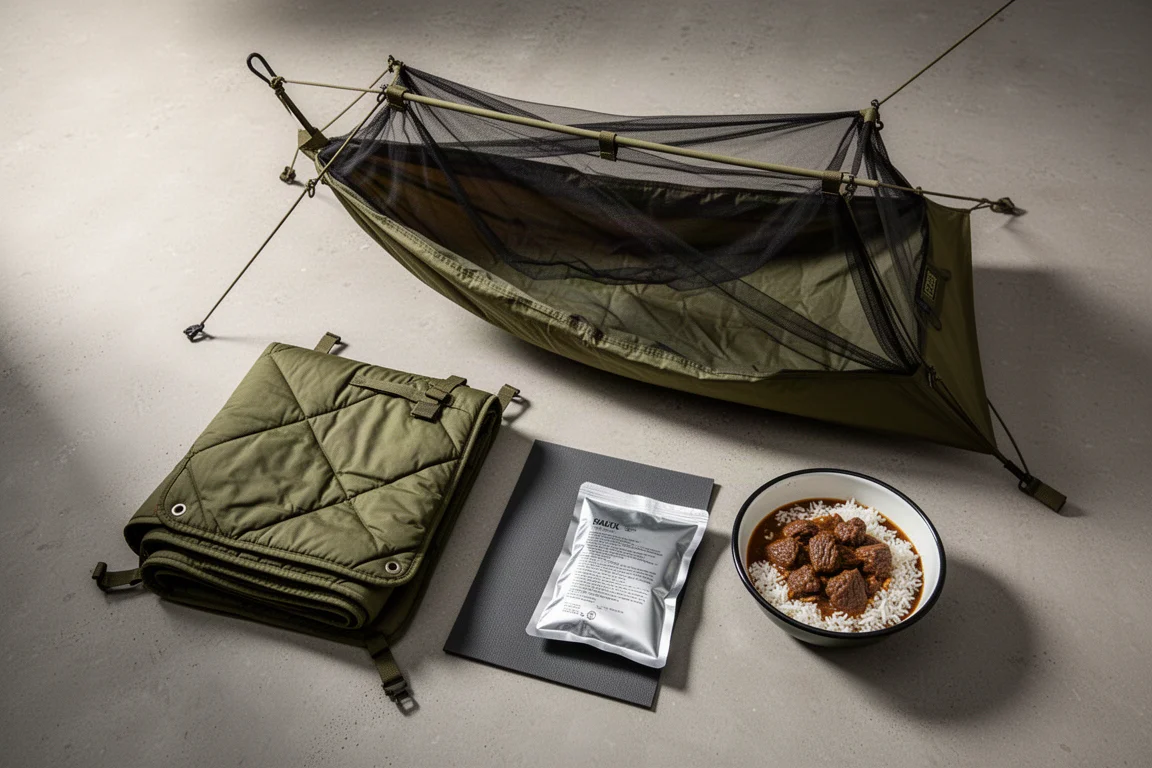 Flat-lay of a hammock tent, insulated field blanket, ground mat and meal pouch on concrete