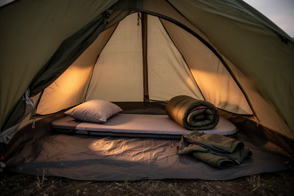 Intérieur d'une petite tente de camping au crépuscule avec un matelas de couchage et un oreiller bas disposés