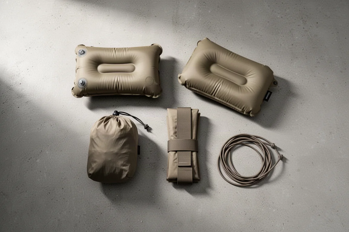 Vue de dessus à plat d'accessoires de sommeil de camping légers sur du béton