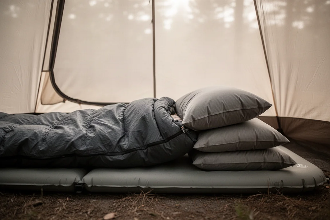 Vue de profil d'un oreiller surélevé sur un matelas de couchage à l'intérieur d'une tente