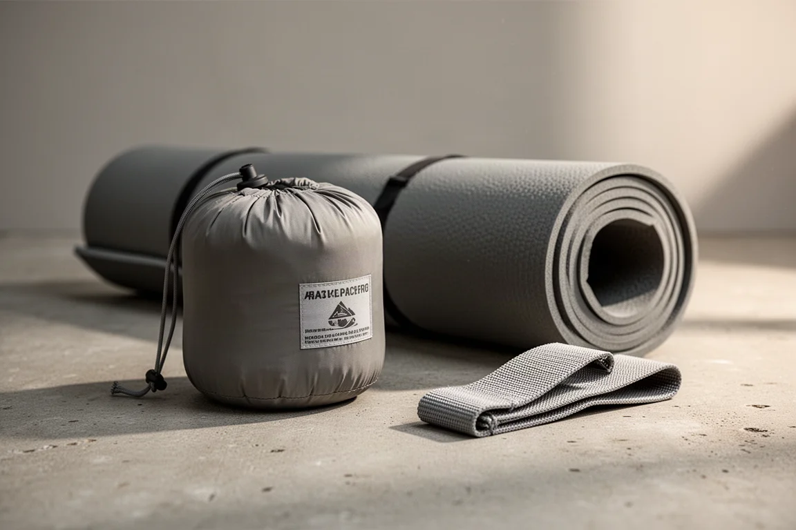 Oreiller de camping compact rangé dans un sac de compression à côté d'un matelas de couchage enroulé