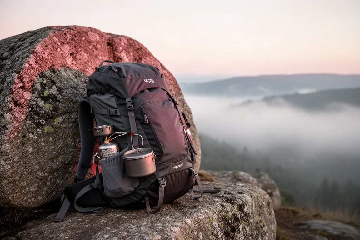 Załadowany plecak trekkingowy z przypiętym zestawem do gotowania oparty o głaz o wschodzie słońca