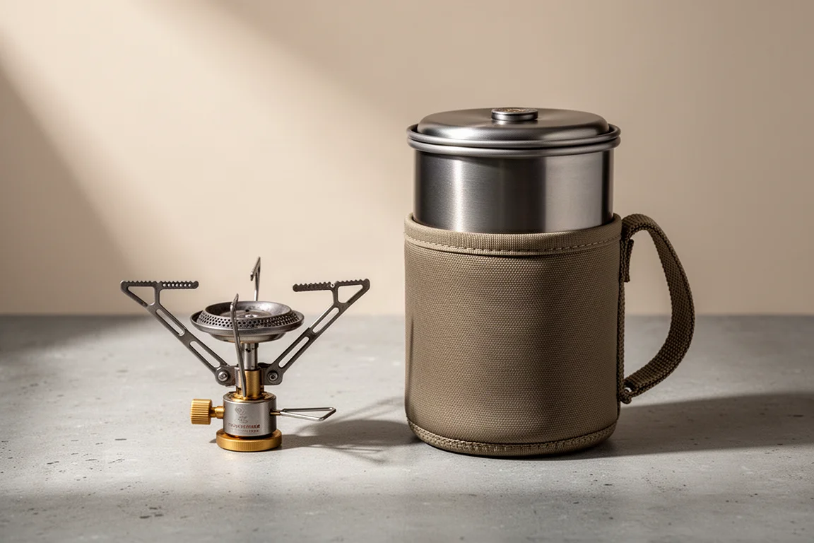 Tiny bare canister stove beside a taller pot-based cook system on a concrete surface