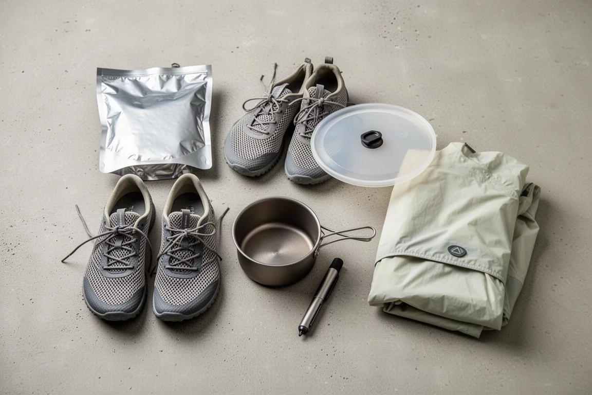 Flat-lay of ultralight backpacking gear including a stove windscreen, water bottle, food bag and saw