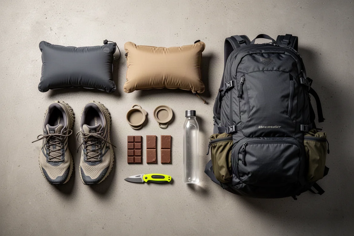 Flat-lay of backpacking gear including trail shoes, pillow, water bottle, knife, and backpack