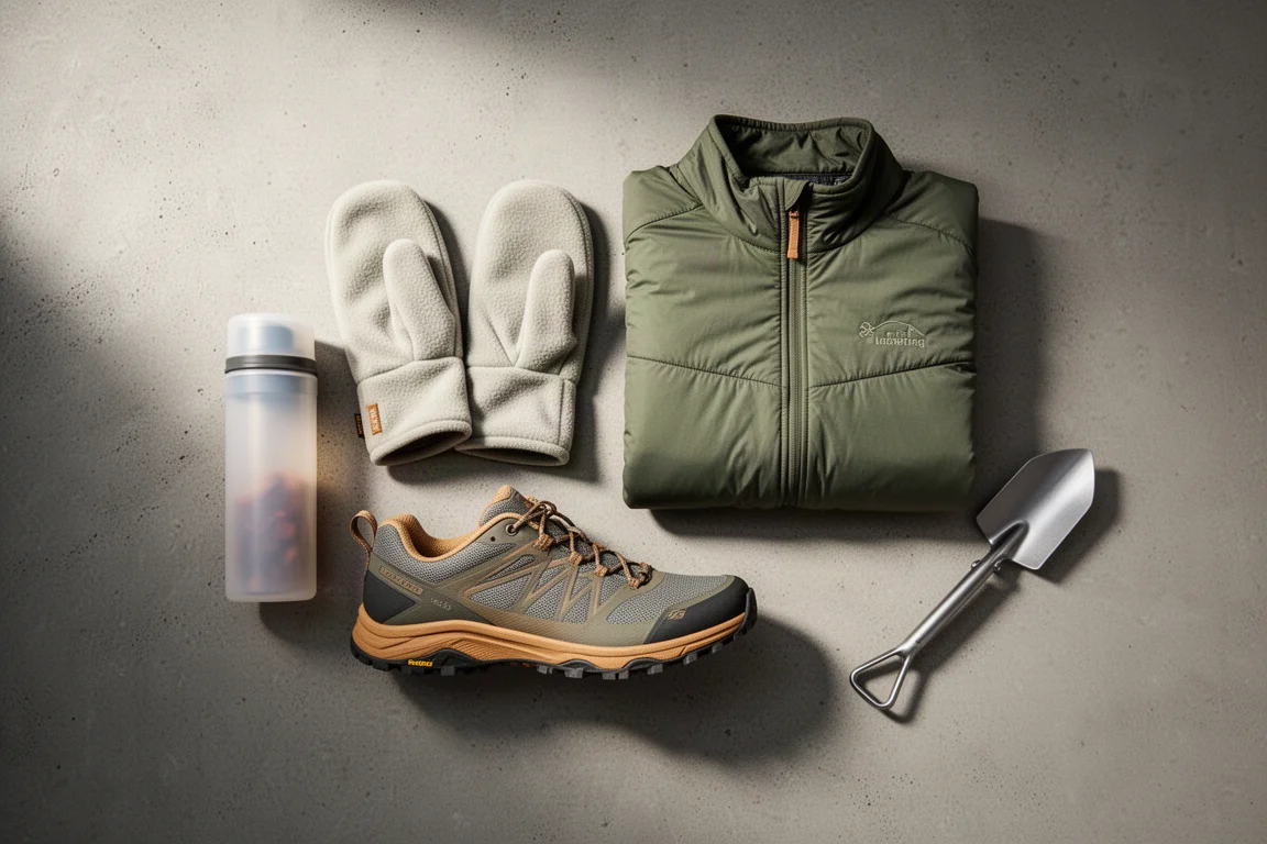 Flat lay of lightweight backpacking gear including a bear canister, mitts, layer, trail shoe, and trowel