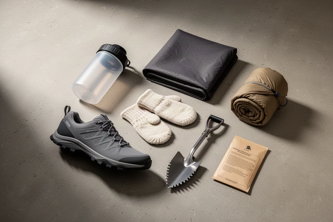 Flat-lay of ultralight backpacking gear including canister, mat, mitts, shoe, hoodie and trowel