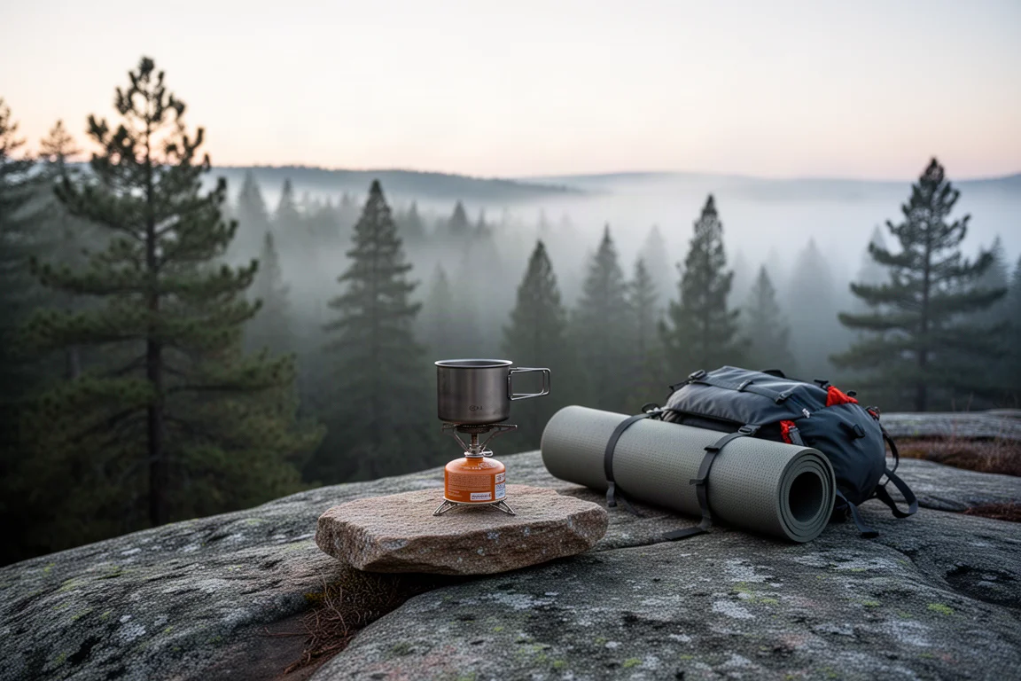 Backpacking-Camp im ersten Licht mit Kartuschenkocher auf einer Granitplatte