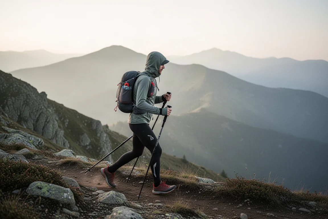 Fastpackerin auf einem Hochgebirgspfad mit kleinem Rucksack und Trekkingstöcken