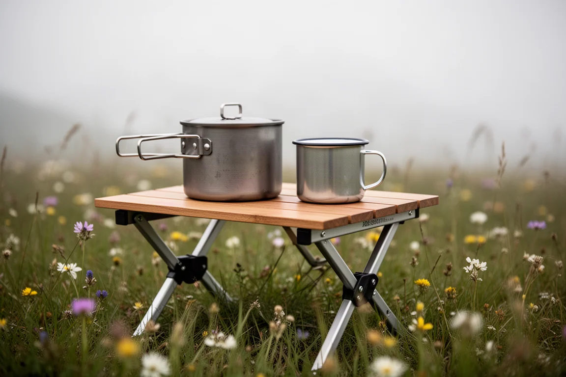 Kleiner faltbarer Campingtisch auf einer alpinen Wiese mit Topf und Becher