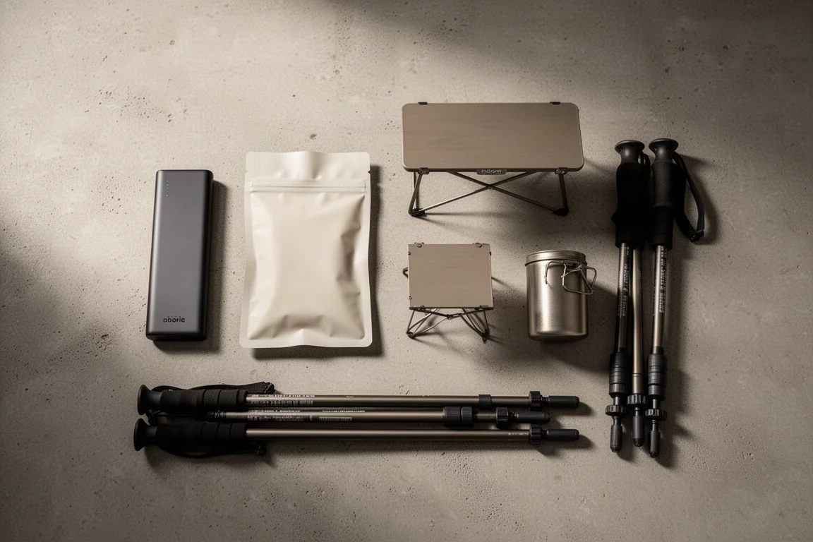 Draufsicht auf Backpacking-Essentials, arrangiert auf einer Betonfläche