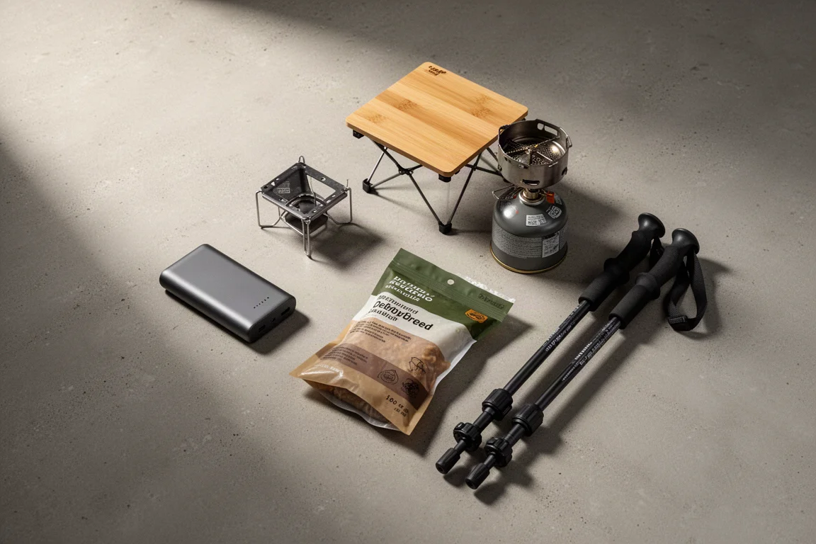 Backpacking gear flat-lay with power bank, folding table, canister stand, meal pouch, and trekking poles