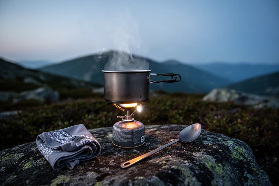 Buitenkeuken in de wildernis bij schemer met een brander, titanium pan en stoom