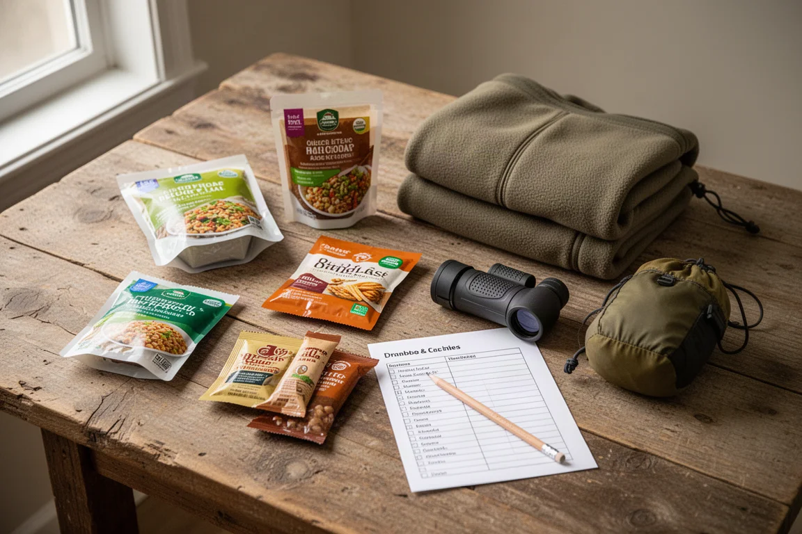 Bovenaanzicht van backpacking-uitrusting en een checklist plat op een houten tafel
