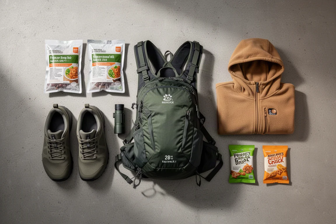 Overhead flat-lay of backpacking gear on a concrete surface