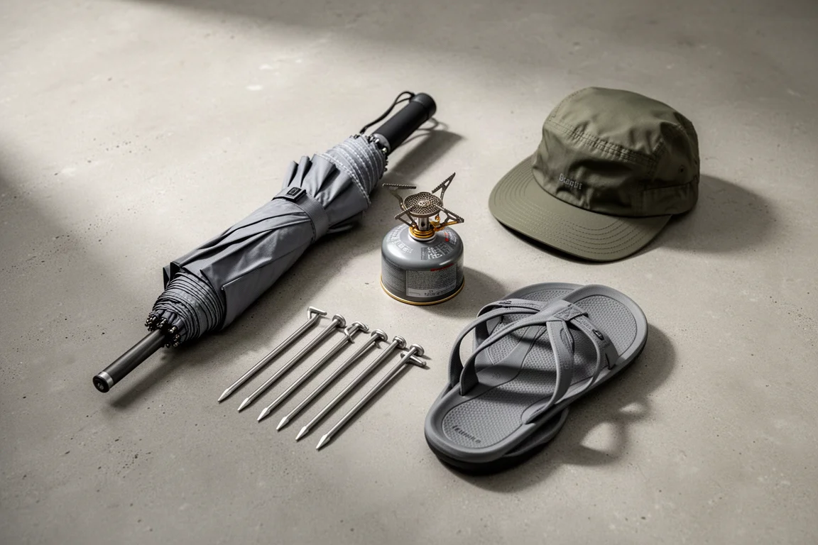 Overhead arrangement of ultralight backpacking gear on a concrete surface