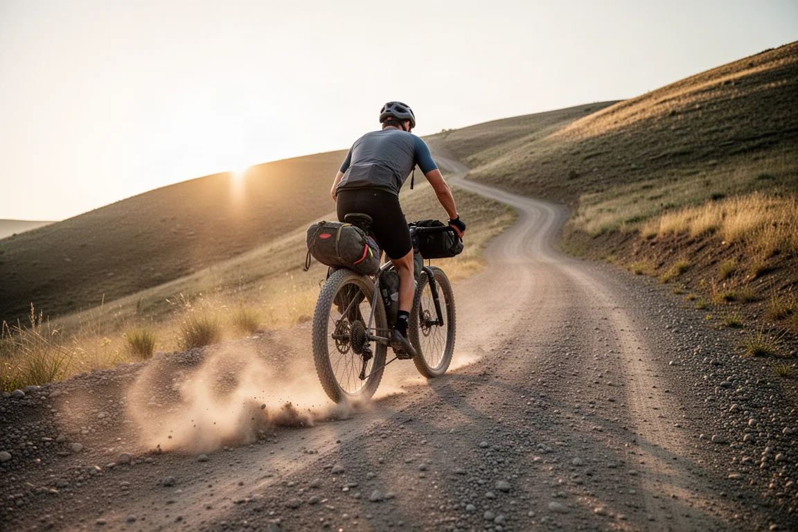 Ciclista de gravel subindo uma trilha íngreme e solta com bicicleta carregada na hora dourada