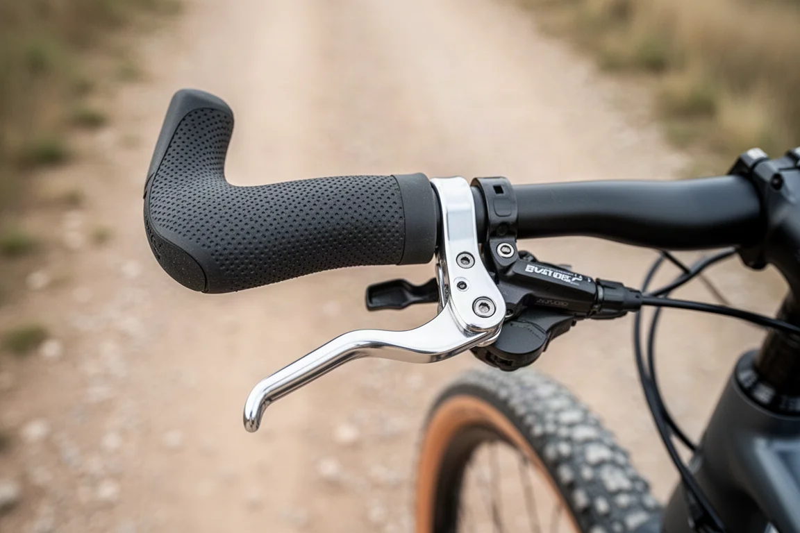 Close-up de uma capa de trocador mecânico de guidão drop e alavanca de liga de alumínio em uma bike de gravel