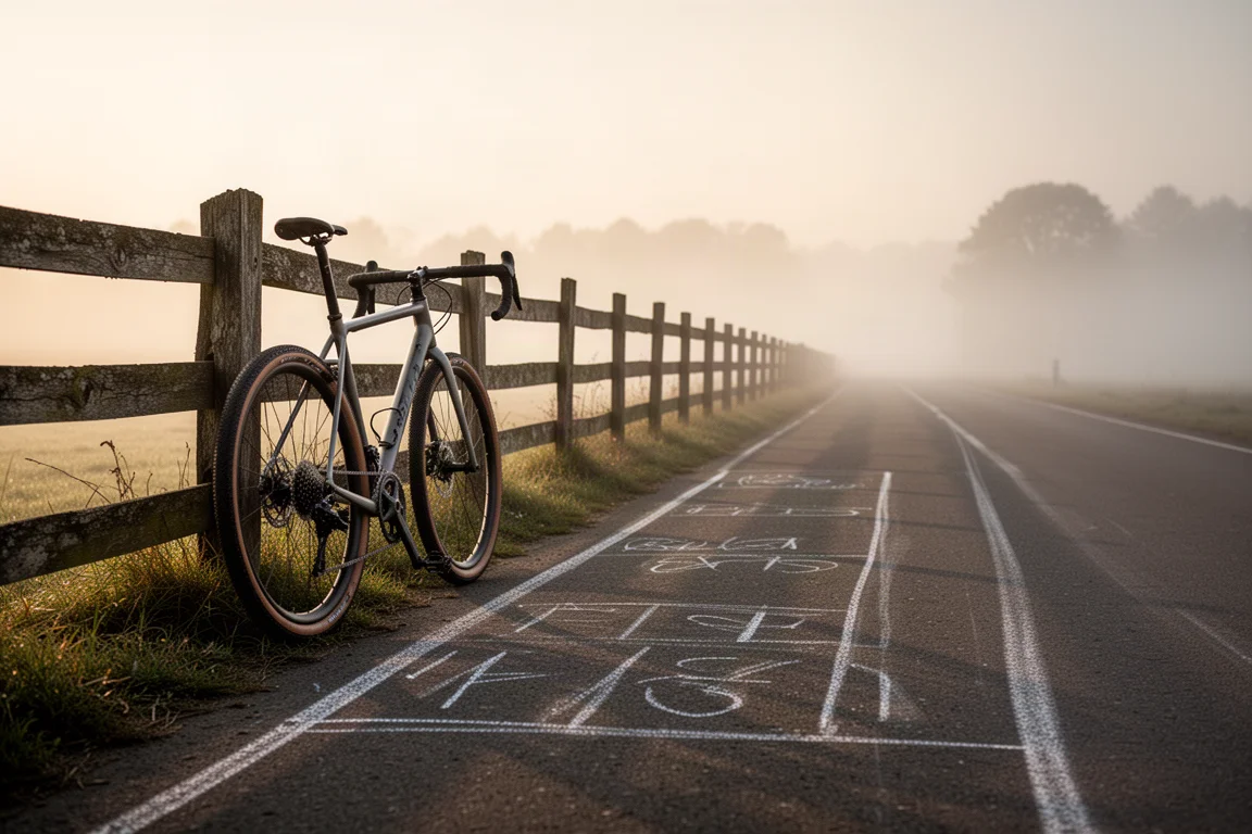 Bicicleta de gravel apoiada em uma cerca de madeira ao lado de uma trilha vazia ao amanhecer