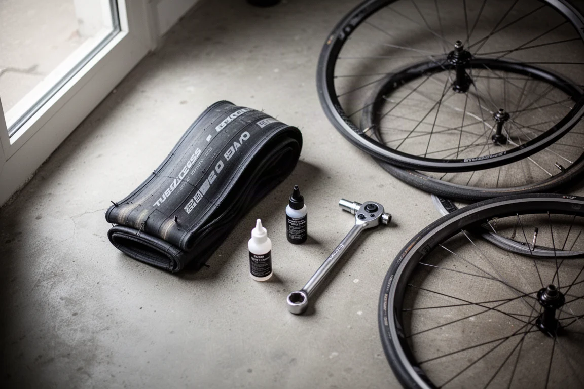 Nahaufnahme eines Tubeless-Straßenreifens auf einer Carbonfelge mit Haken