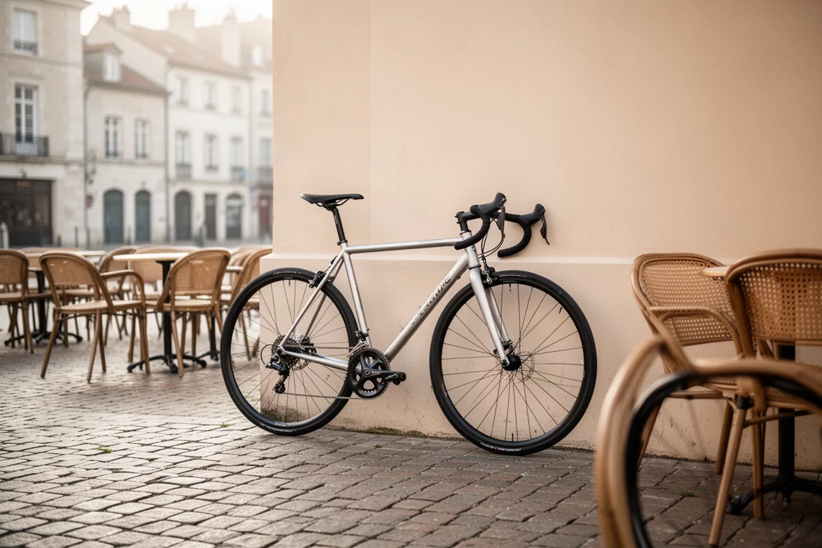 Rennradfahrer auf einer flachen, offenen Straße zur goldenen Stunde