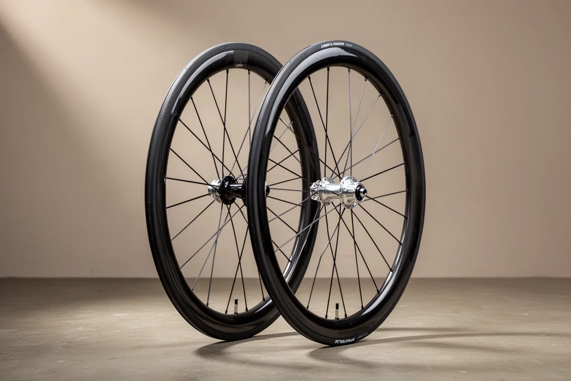 Ruote per bici da strada in carbonio da 37 mm dalla finitura lucida, in posizione verticale su un pavimento in cemento