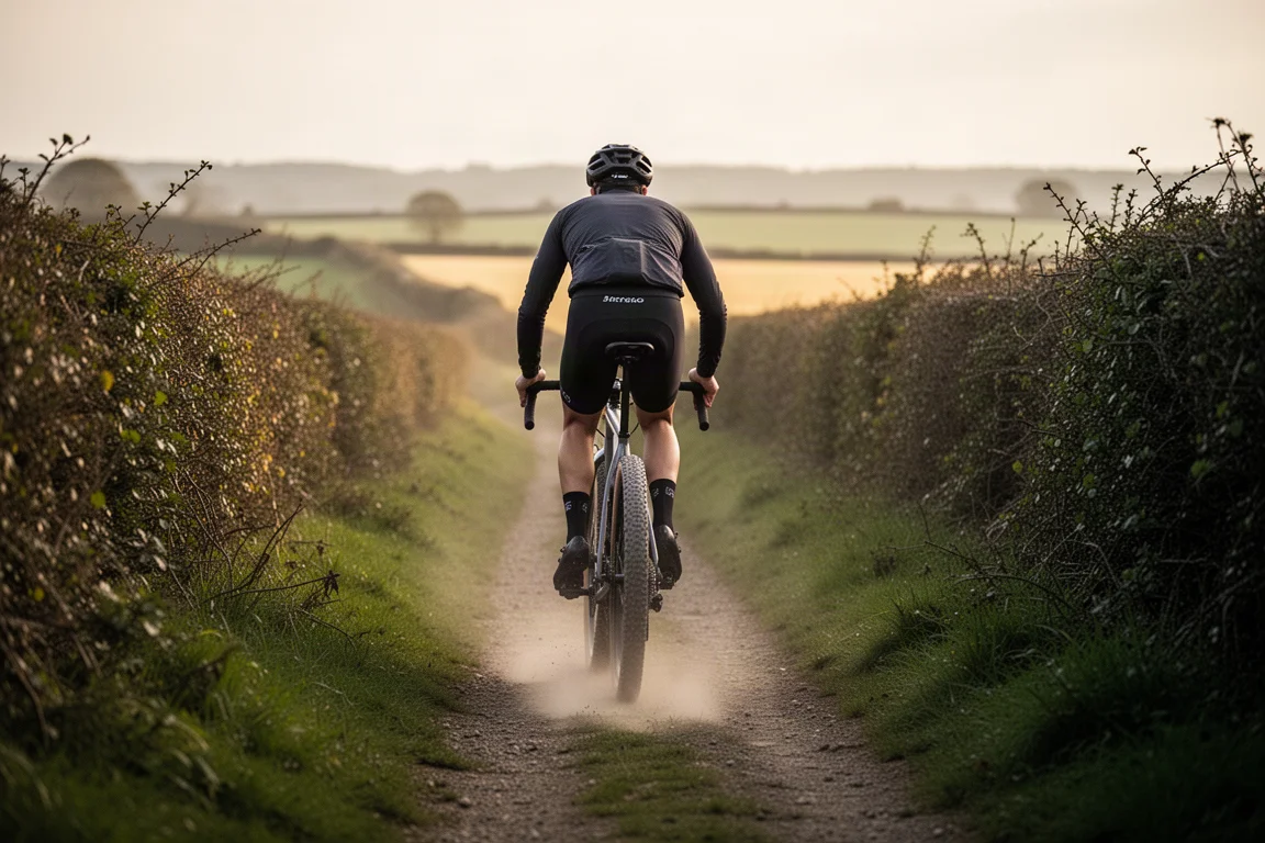 Cycliste gravel roulant sur un vélo à pneus larges le long d'un chemin de campagne étroit