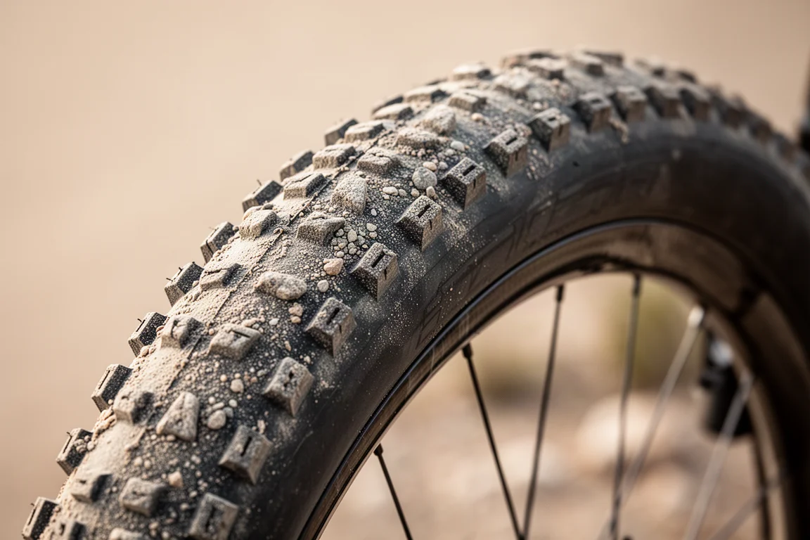 Gros plan d'un pneu gravel large monté sur une jante carbone avec sculptures visibles
