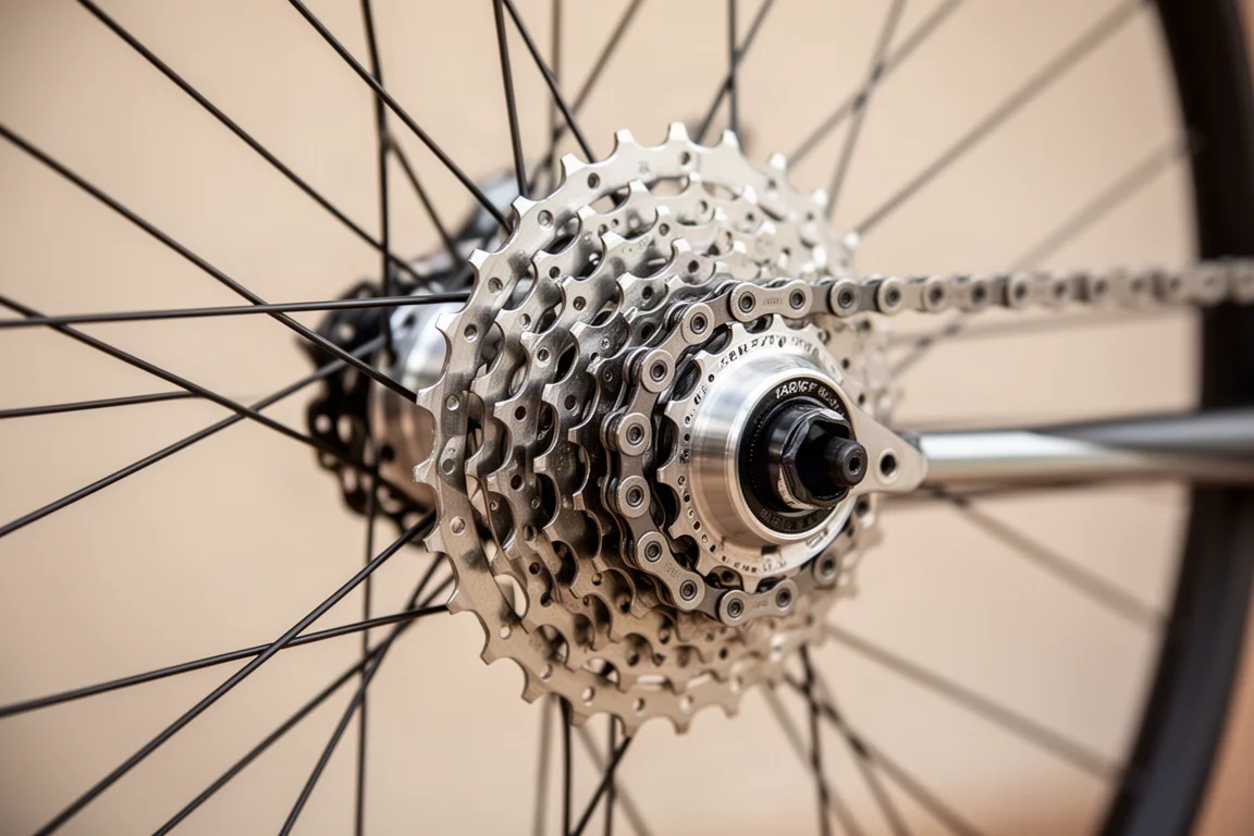 Détail du moyeu arrière et de la cassette sur une transmission de vélo gravel à l'arrêt