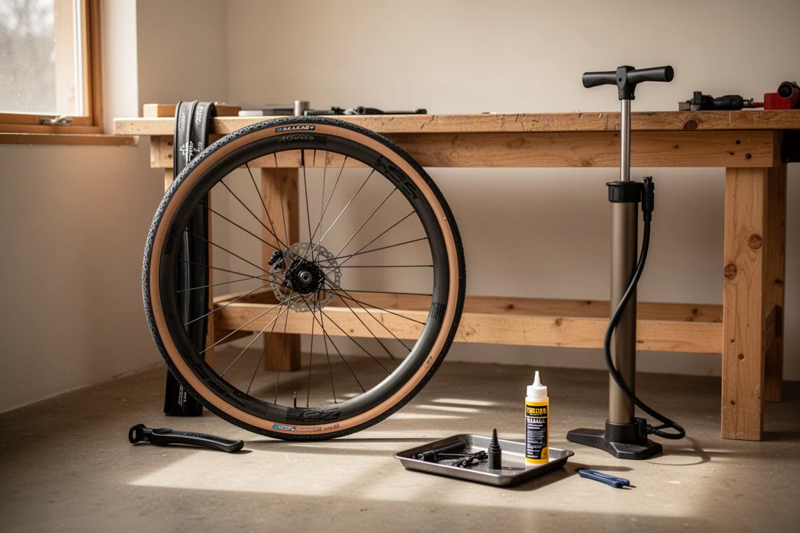 Paire de roues gravel en carbone appuyée contre un établi d'atelier pendant le montage