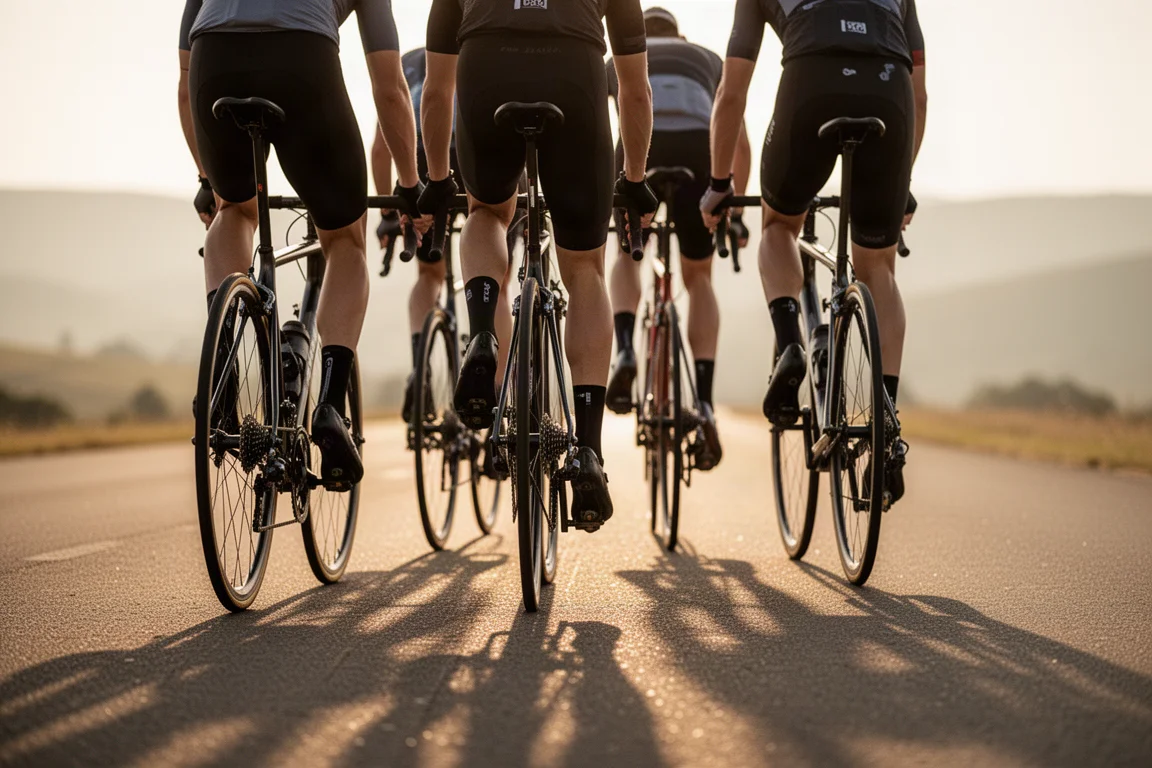 Group of road cyclists riding together on open tarmac at golden hour